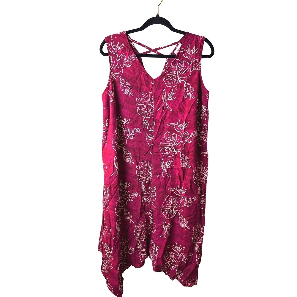 Womens 14W Ava‎ & Viv Dress Pink Monstera Leaf V-Neck Spring Summer Beachy Flowy